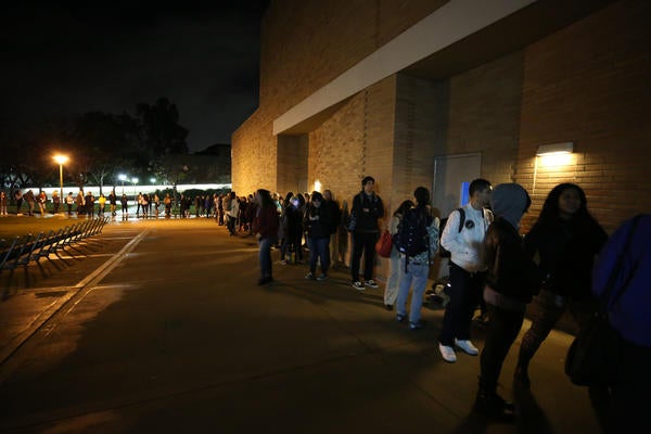 A line forms outside the CHASS Interdisciplinary Building to see novelist Margaret Atwood on Monday, Feb. 4, 2019. UCR's Department of Creative Writing host the 42nd Annual Writers Week Conference and  opened with novelist Margaret Atwood.  (UCR/Stan Lim)
