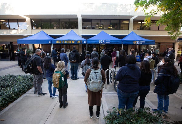 Visitors listen to U.S. Rep. Mark Takano, D-Riverside, speak during the Veterans Resource Center grand opening on February 24, 2022, at UC Riverside. (UCR/Stan Lim)