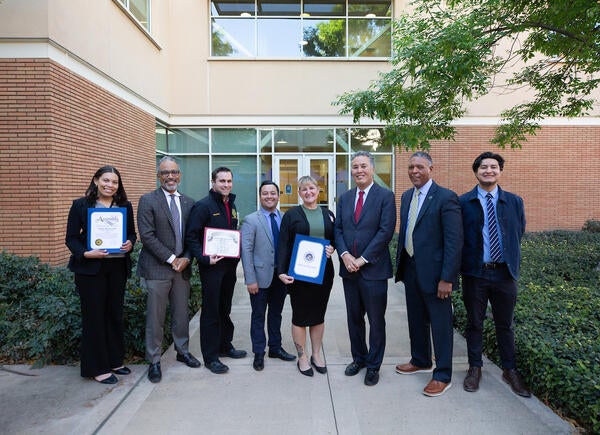 UCR administrators, city, state, and federal representatives attended the Veterans Resource Center grand opening on February 24, 2022 at UC Riverside. The VRC moved from Bannockburn Village to Costo Hall over the summer.  (UCR/Stan Lim)