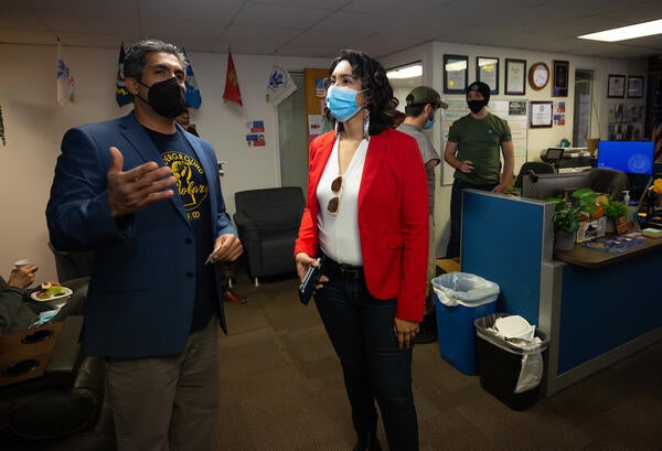 Student veteran Greg Sanchez gives a tour to Riverside City Council Member Clarissa Cervantes during the Veterans Resource Center grand opening on February 24, 2022 at UC Riverside. (UCR/Stan Lim)