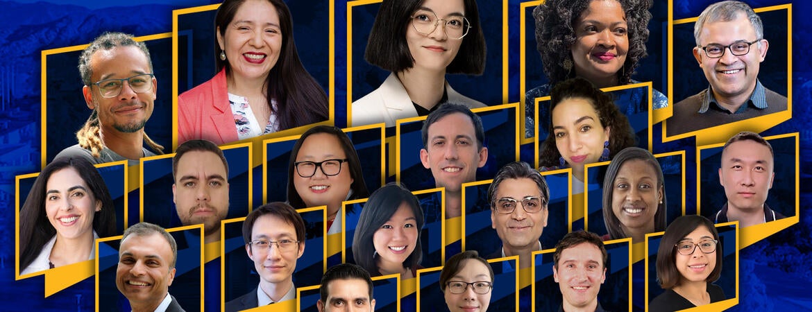 Collage of 21 diverse smiling people's headshots on a blue and gold mountain background.