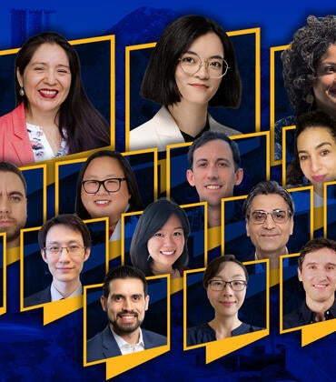 Collage of 21 diverse smiling people's headshots on a blue and gold mountain background.
