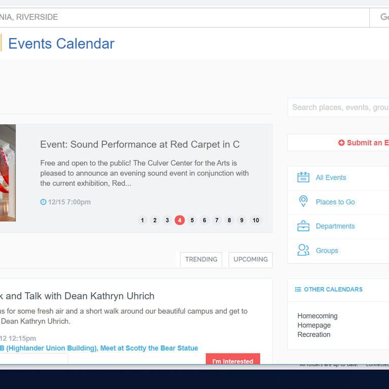 Screen shot of calendar events page