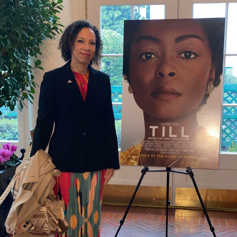 Courtney Baker, an associate professor of English, on Feb. 16, 2023 at the screening of "Till" in Washington, D.C. (Photo courtesy of Courtney Baker)