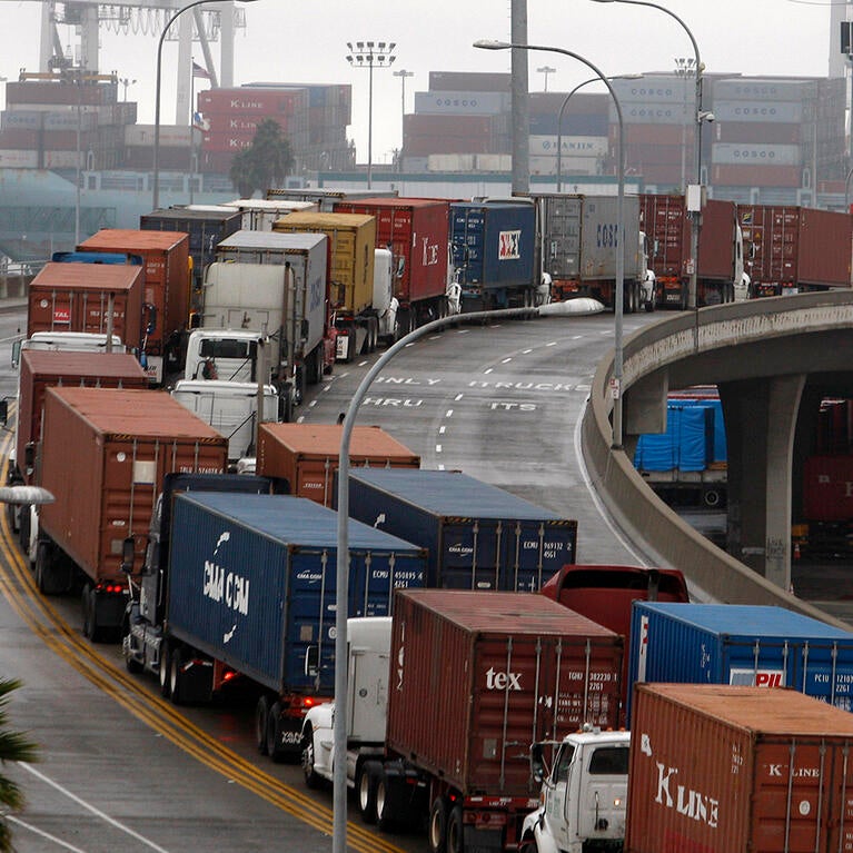 Trucks lining up of the Port of Long Beach to get cargo