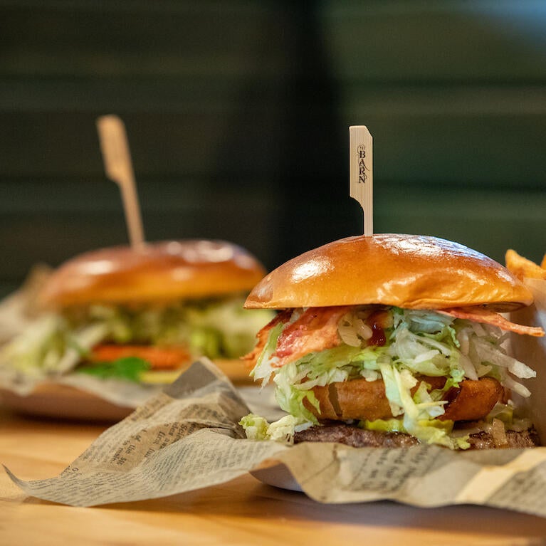 burgers and fries at the Barn