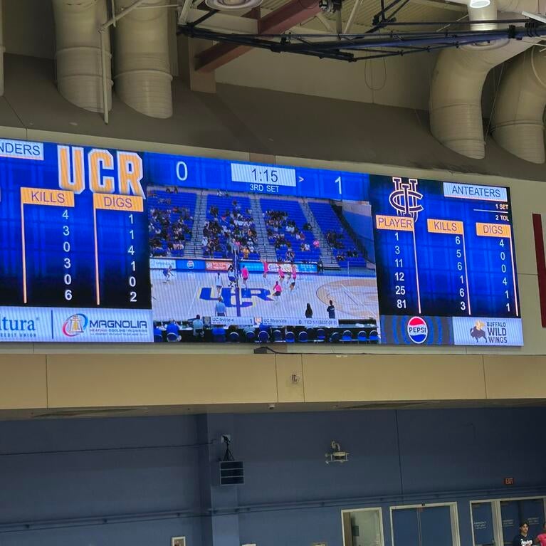 UCR Highlanders scoreboard displaying game stats and live feed in a gymnasium.