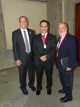 From left: UC Riverside Marlan and Rosemary Bourns College of Engineering Dean Christopher Lynch; Guillermo Aguilar; Jose Francisco Albarran, President of the Mexican National Academy of Engineering