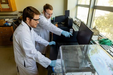 Klenner and undergraduate in the lab