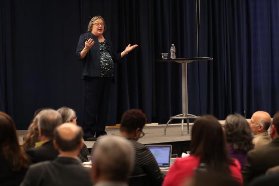 Provost Cynthia Larive at town hall