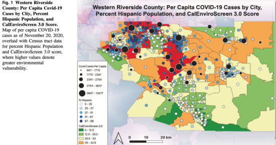 A map showing Covid-19 cases against air quality and Latino population in the Inland Empire