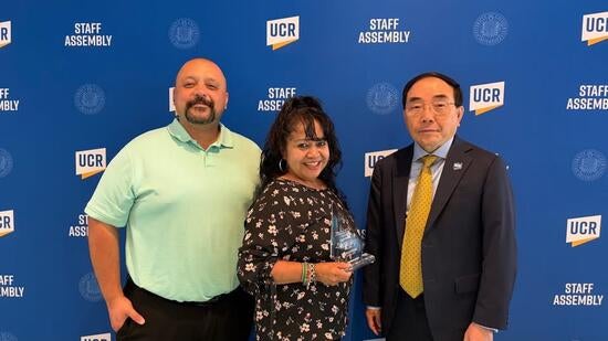 Leticia Mojica with Alex Najera and Chancellor Hu