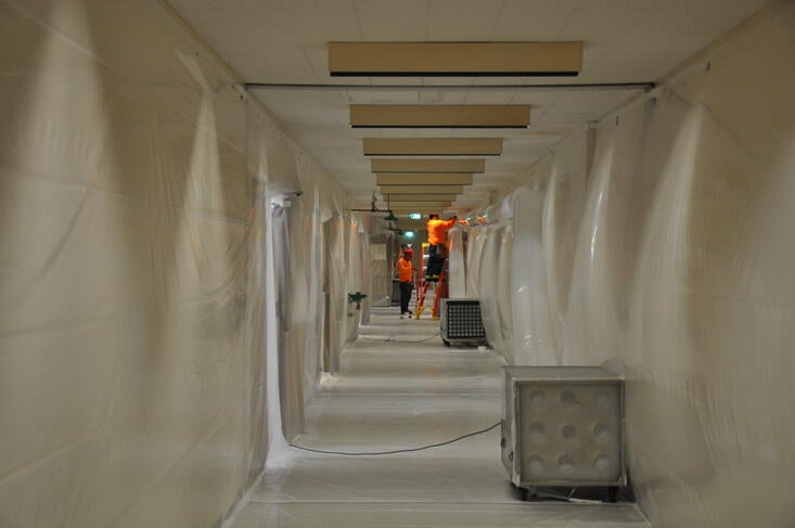 Plastic covering installed on second floor of Physics Building