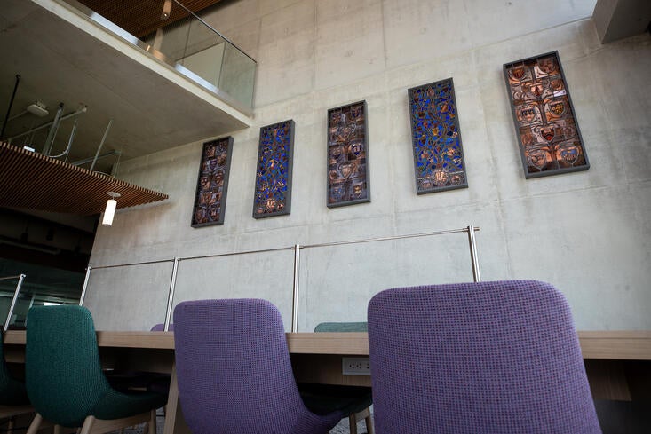 Reading room at UTLF with stained glass windows framed