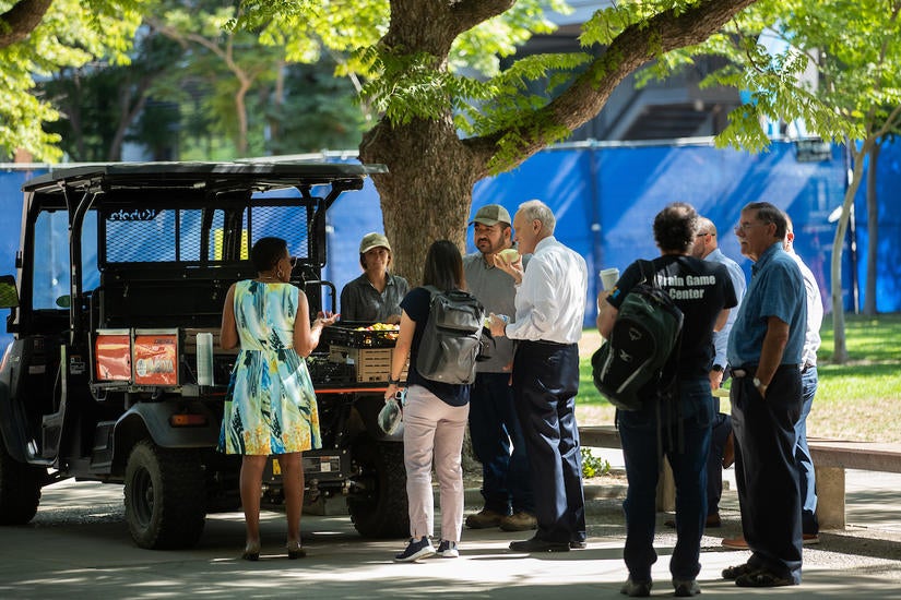 Staff and faculty members during the first coffee social on Tuesday, July 20, 2021. (UCR/Stan Lim)