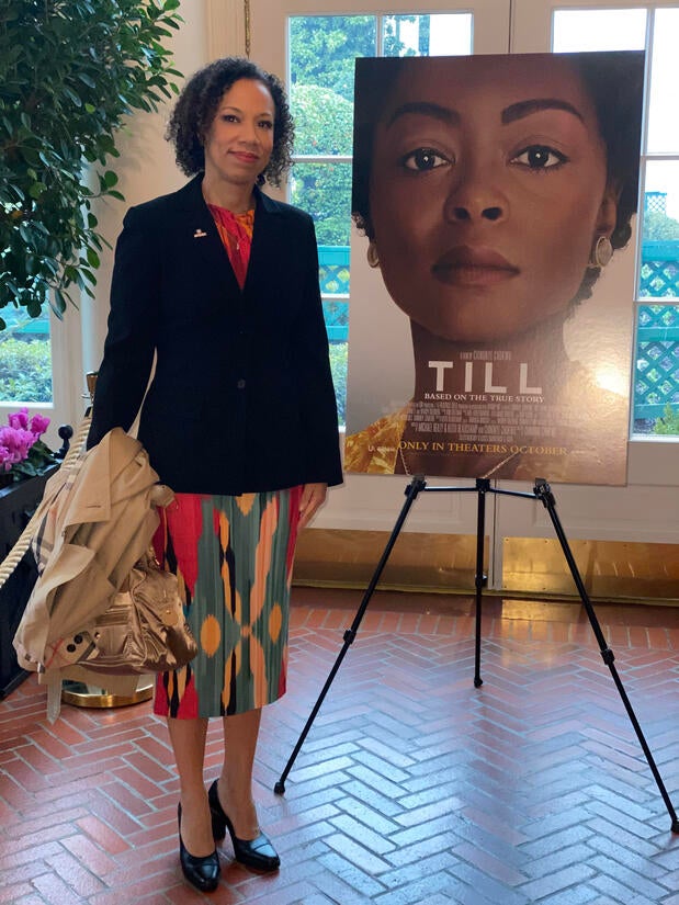 Courtney Baker, an associate professor of English, on February 16, 2023 at the White House. She was invited to the screening of "Till." (Photo courtesy of Courtney Baker)
