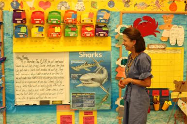 carter Carter, in her kindergarten classroom, explaining the lesson plan for “shark day.”